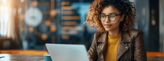 Young businesswoman with glasses types on a laptop at an office desk with blurred background lights.