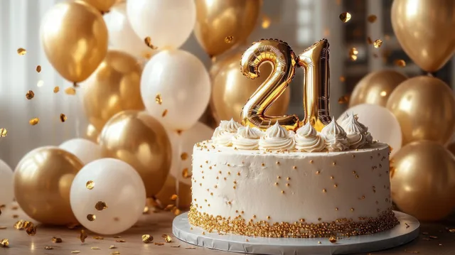 White and gold number “21” celebration cake with whipped cream swirls surrounded by gold and white balloons and confetti.