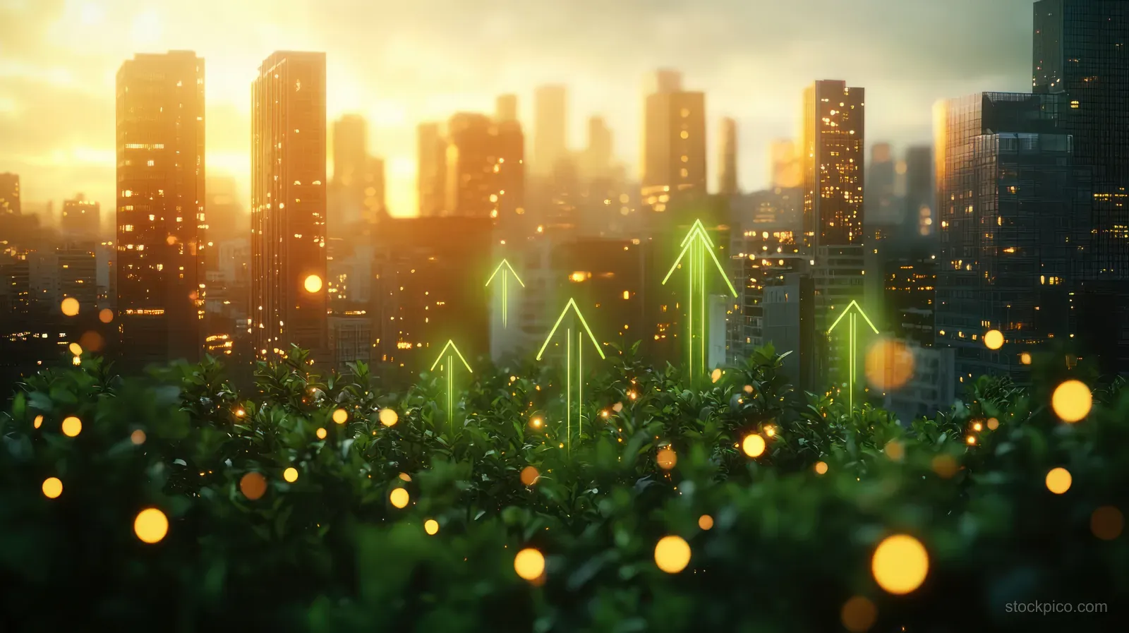 Green upward arrow lights hover over a modern city skyline at dusk, with blurred glowing lights in the foreground.