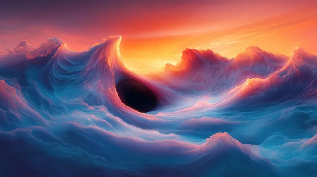 Cosmic black hole drawing in orange and blue gas clouds across surreal space