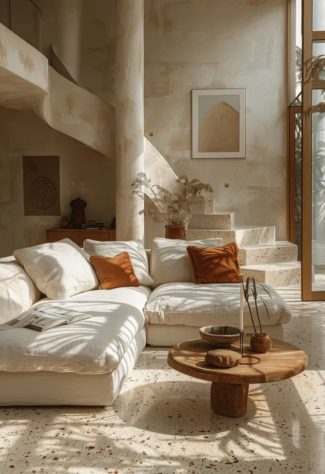 Sunlit minimalist living room with white sectional sofa, terracotta accents, and framed wall art