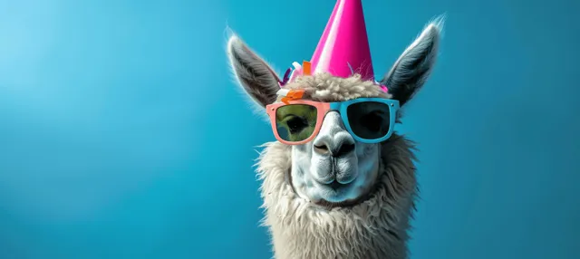 An alpaca wearing a pink party hat and sunglasses on a blue background.