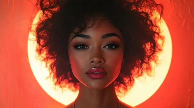 Pop art portrait of a woman with curly afro hair silhouetted against a bright orange geometric background.