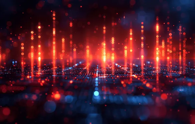 Neon candlestick chart overlays a dark city grid with glowing price candles and market data signals.