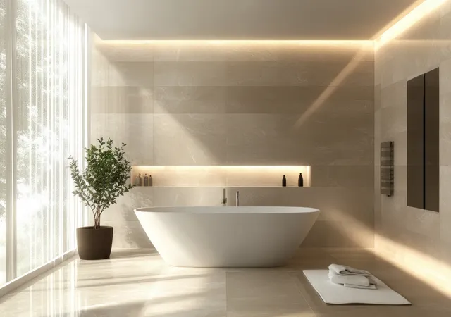 Sunlit minimalist bathroom showing a freestanding bathtub with soft cove lighting and a towel on the floor.