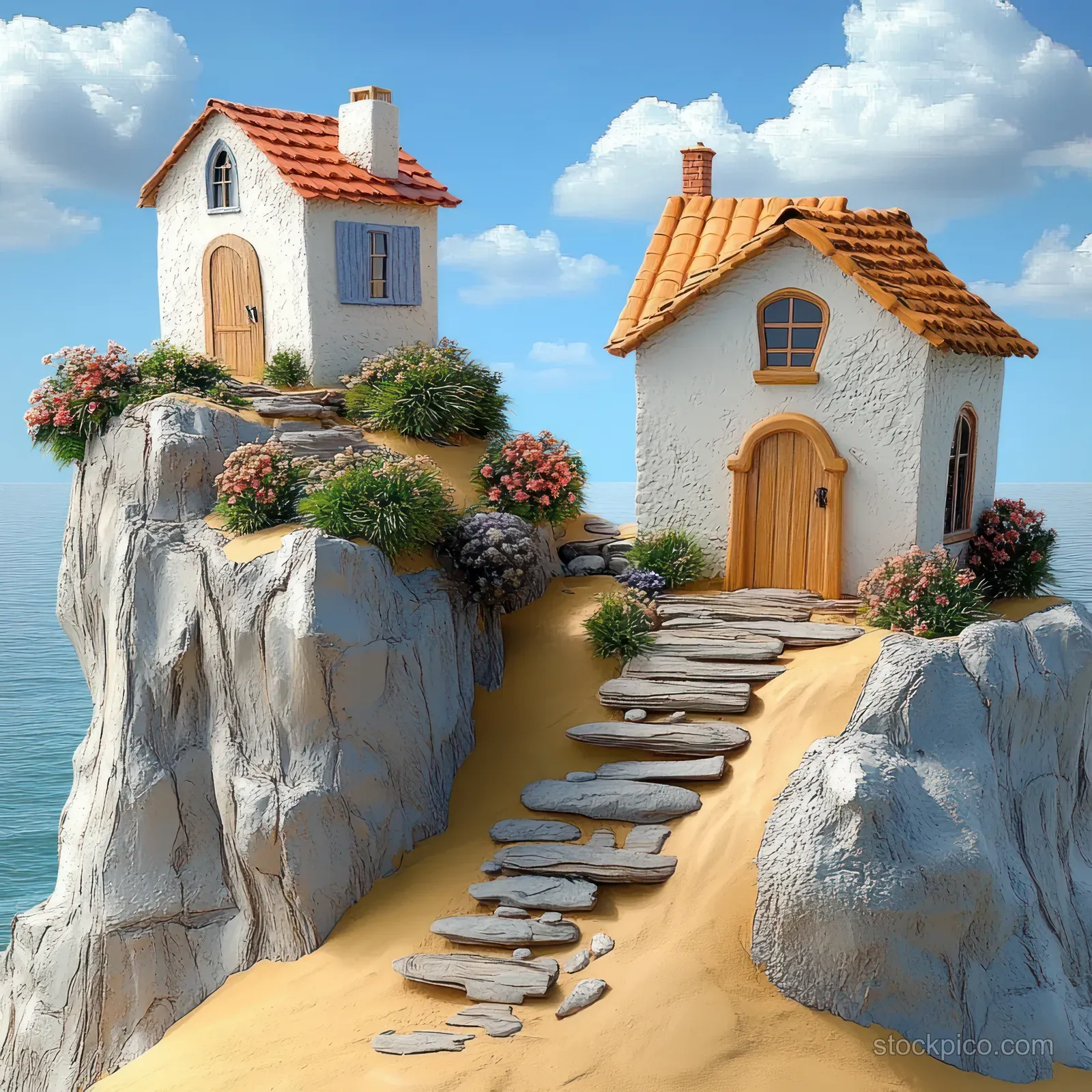 Two white cliff cottages with orange roofs connected by stone steps and sandy path beside pink flowers under a blue sky.
