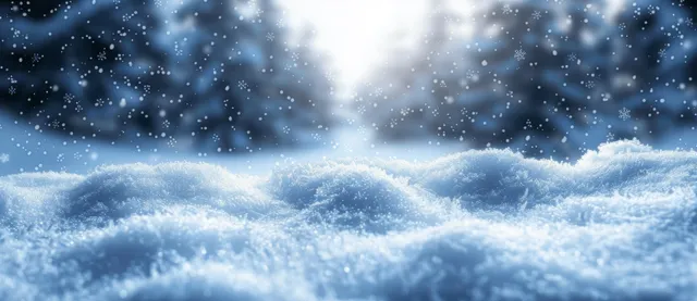 Blurred snowy forest with falling snowflakes and frosty snow texture under a bright winter sky glow.