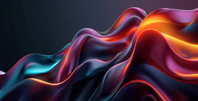 Iridescent gradient liquid ribbons curl across a dark black background like glowing 3D waveforms.