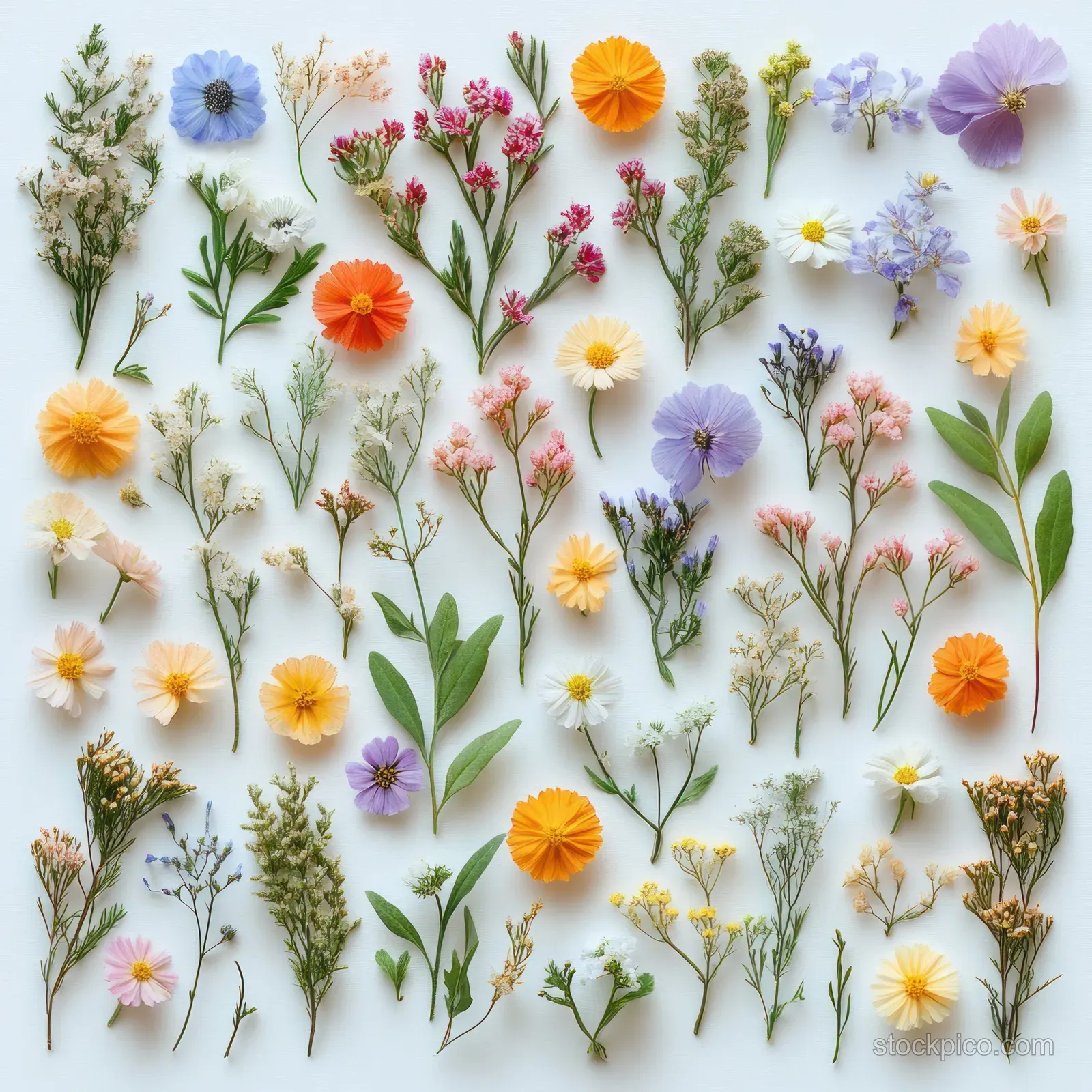Assorted colorful wildflowers and green leaves arranged flat on a white background.