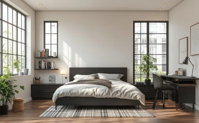 Minimalist Scandinavian bedroom with a black bed, desk, plaid rug, and sunlit tall windows.