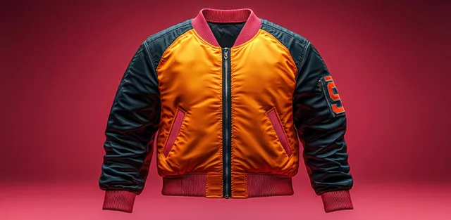 A black and orange varsity bomber jacket with ribbed collar and cuffs, front view against a deep red studio background.