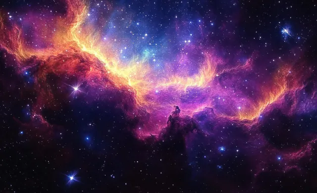 Astronaut silhouette in front of a colorful nebula with swirling purple clouds and bright star clusters.