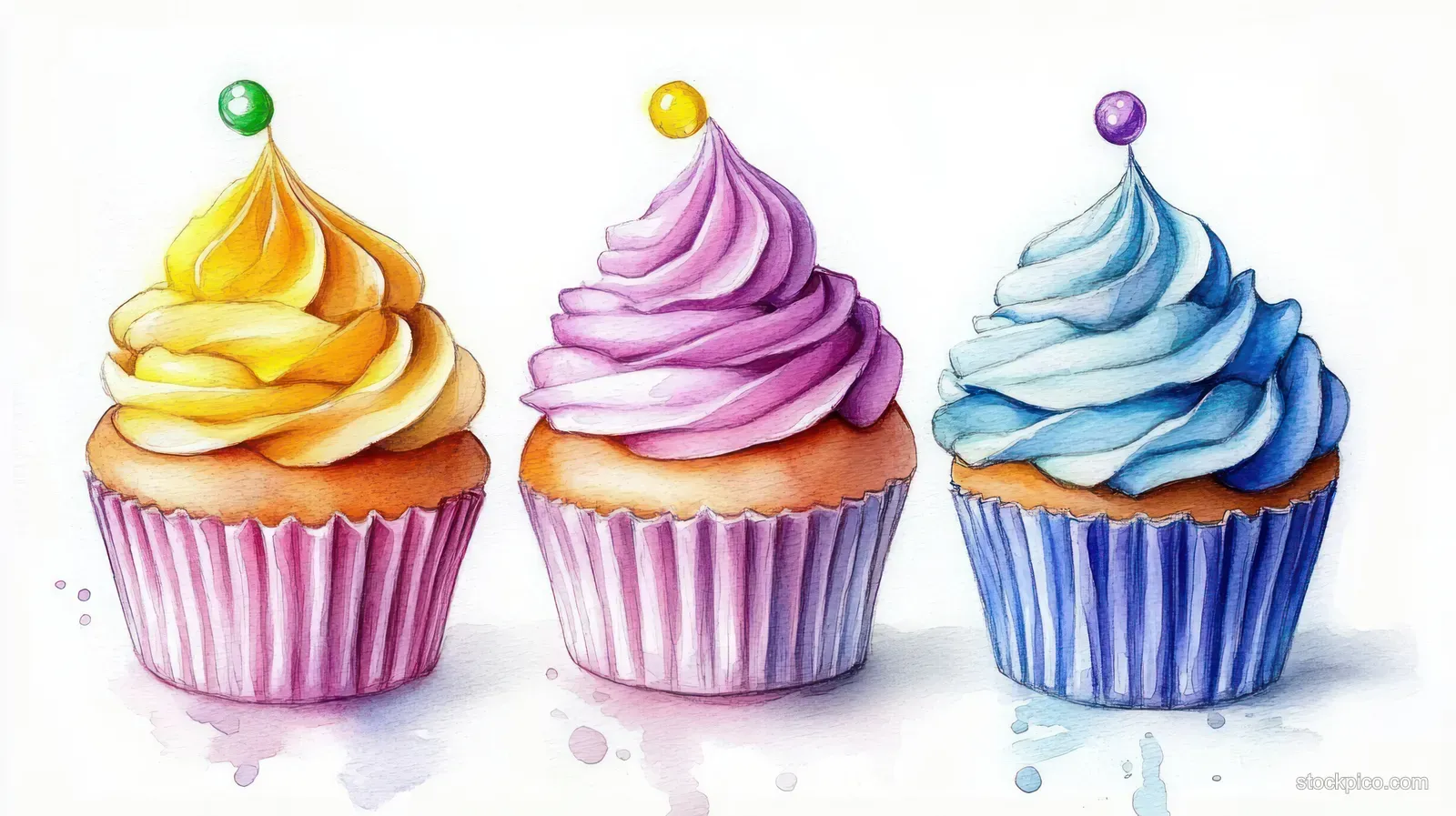 Three pastel frosted cupcakes with swirl tops and sprinkles on a light background.