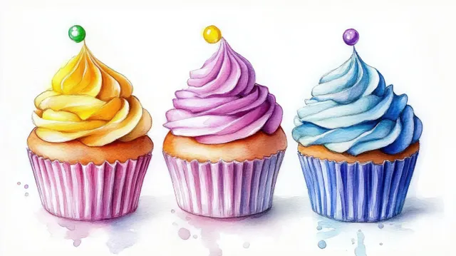 Three pastel frosted cupcakes with swirl tops and sprinkles on a light background.