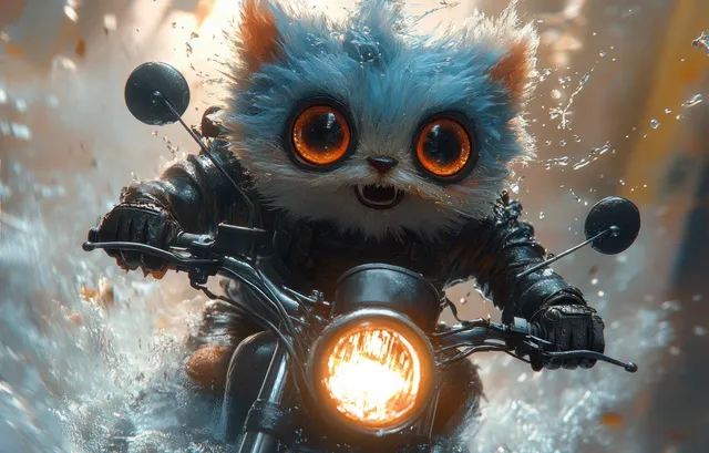 Whimsical blue furry monster biker rides motorcycle through splashing water