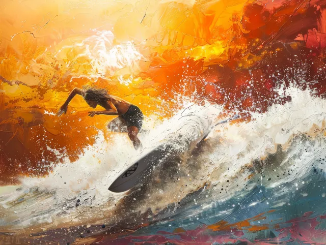 A female surfer carves a foamy wave at sunset with bright orange sky and water spray.