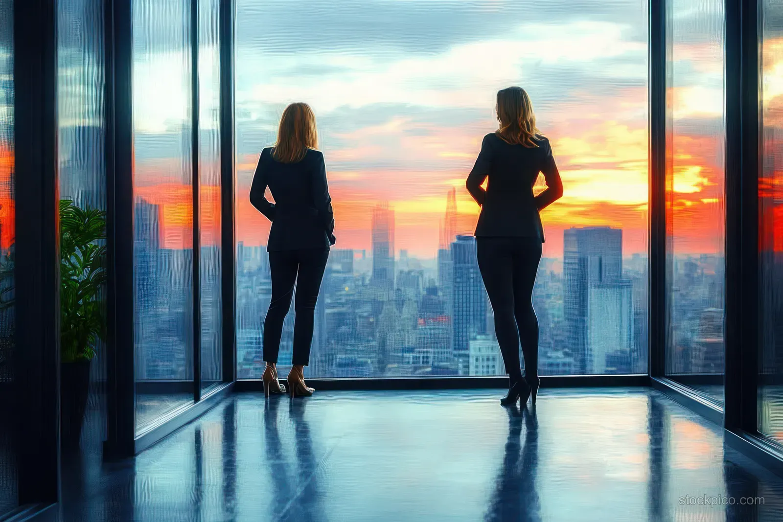 Two businesswomen in suits stand inside a glass office facing a sunset city skyline with reflections on the floor.