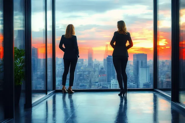 Two businesswomen stand by glass windows, silhouetted at sunset over city skyline