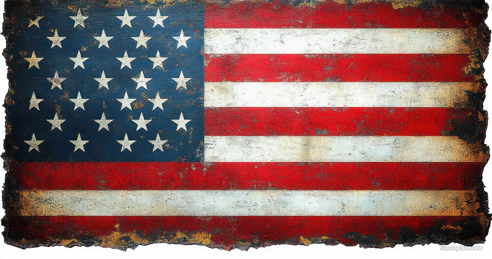 Worn American flag with faded stars and stripes and rough, tattered edges filling the frame.