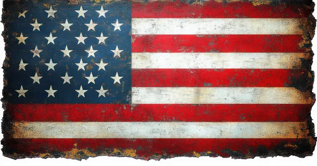 Worn American flag with faded stars and stripes, distressed fabric edges in close view