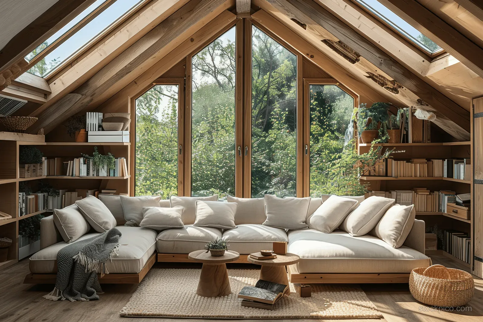Sunlit attic living room featuring a linen sofa, wooden bookshelves, and potted plants near large window frames and skylights.