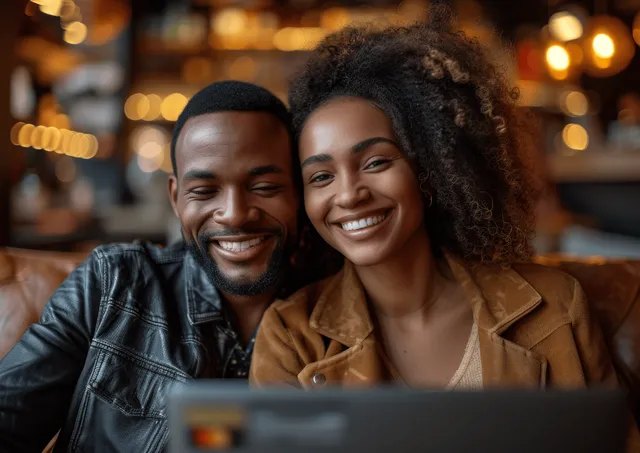Happy African American couple smiling while making secure laptop credit card purchase at home