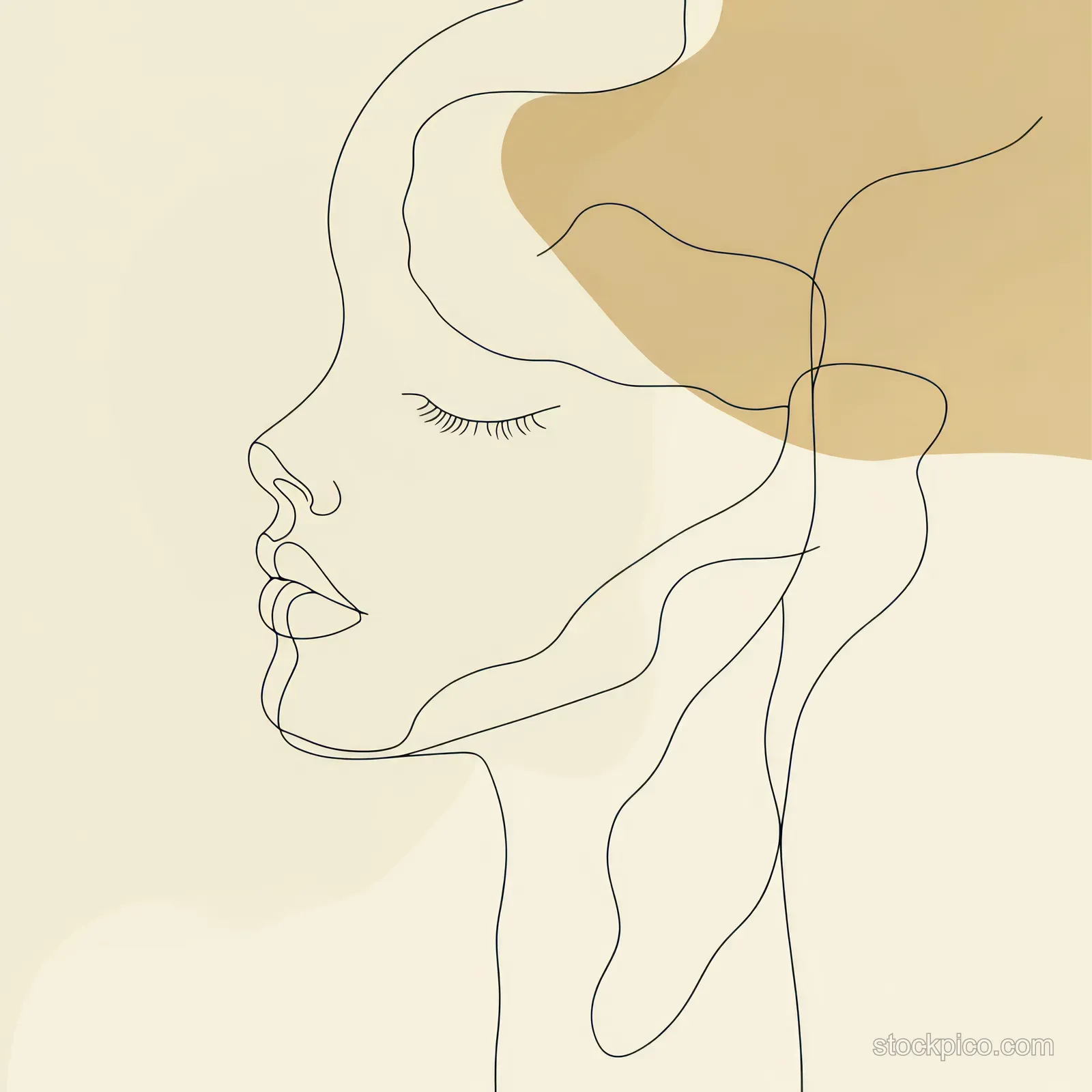 Minimalist line drawing of a sleeping face with a graceful hand silhouette, beige and black tones.