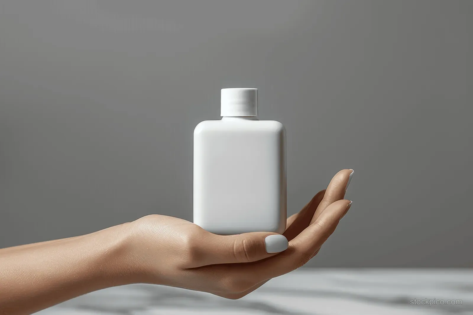Woman’s hand holds a white square skincare bottle against a minimalist grey spa background.