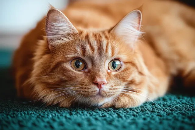 Relaxed ginger cat lying on a dark green carpet with wide open eyes and whiskers visible.