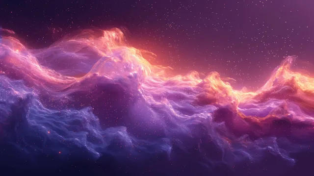 Purple glowing particle wave moves through fiery orange nebula clouds over a starry night backdrop.
