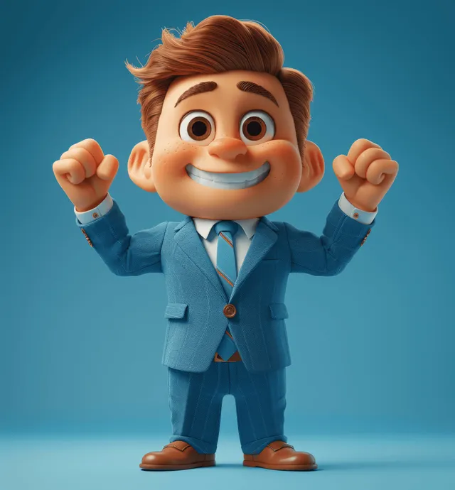 3D cartoon businessman in blue suit flexes his muscles and smiles confidently on a white background.