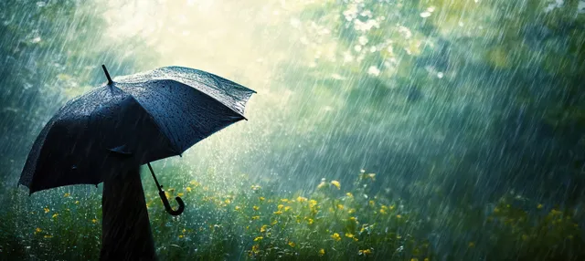 Person holding a black umbrella in rain, impressionist droplets and misty greenery