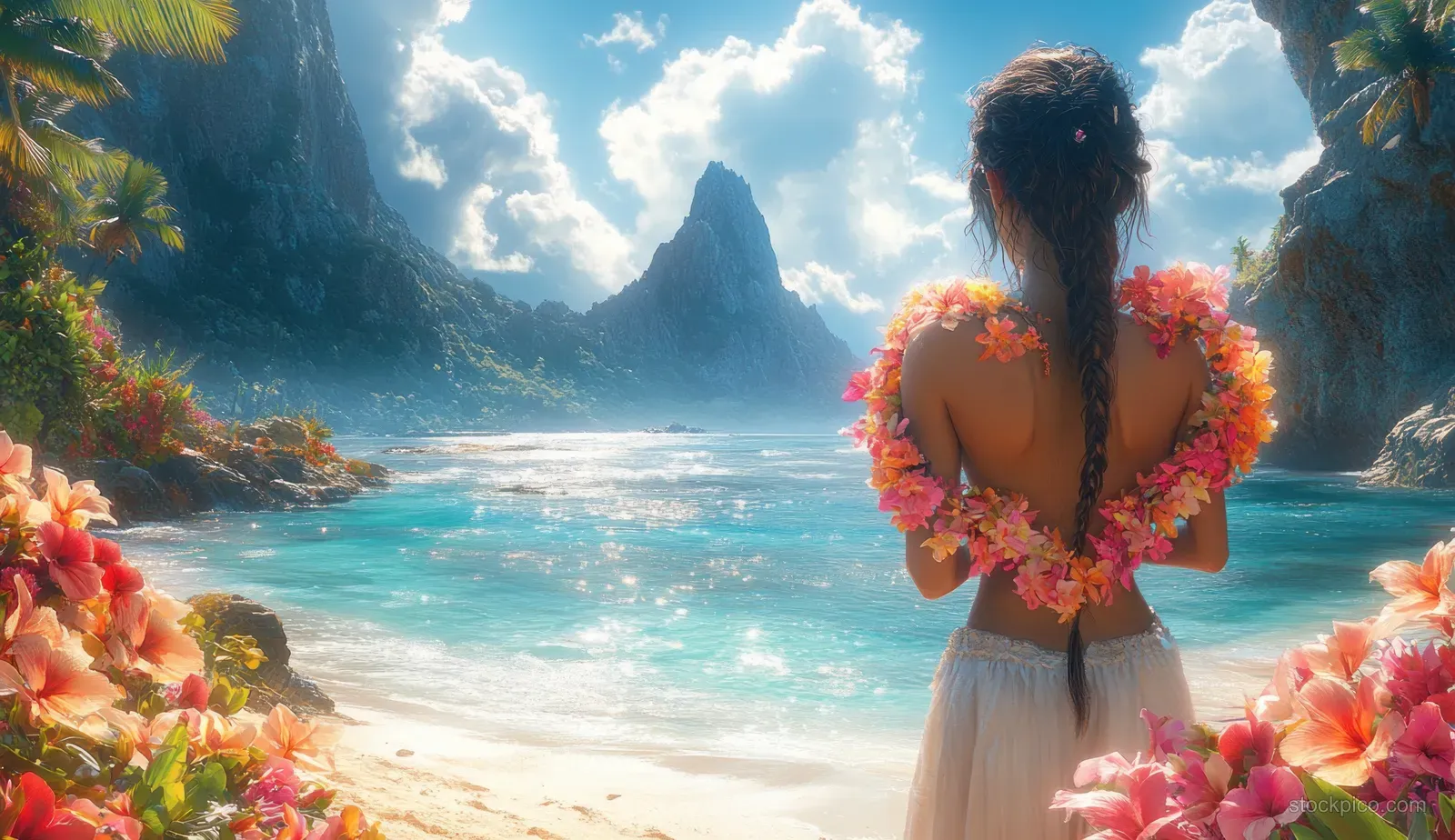 Smiling Hawaiian lei girl on a tropical beach, wearing a flower garland with ocean waves and cliffs behind her.