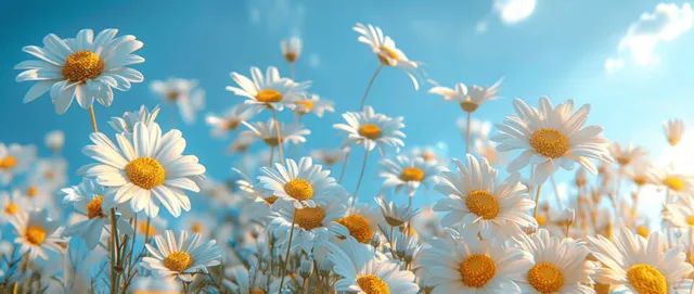 Blooming daisies in green meadow beneath bright blue spring sky