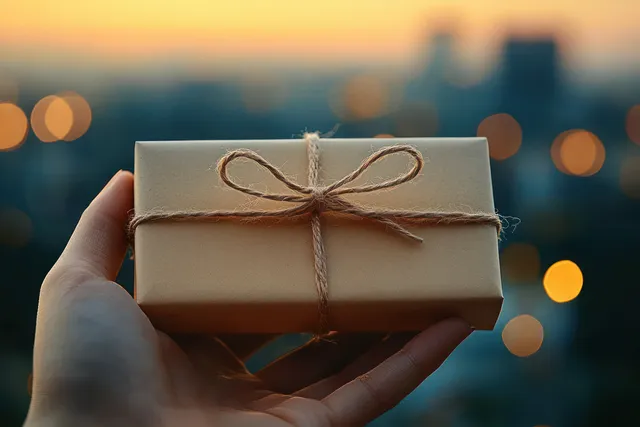 Hand holds a twine-tied wrapped gift box, sunset city lights blurred behind