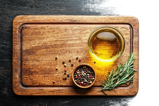 Glass bowl of golden olive oil with rosemary sprigs and mixed peppercorns on a rustic wooden cutting board.