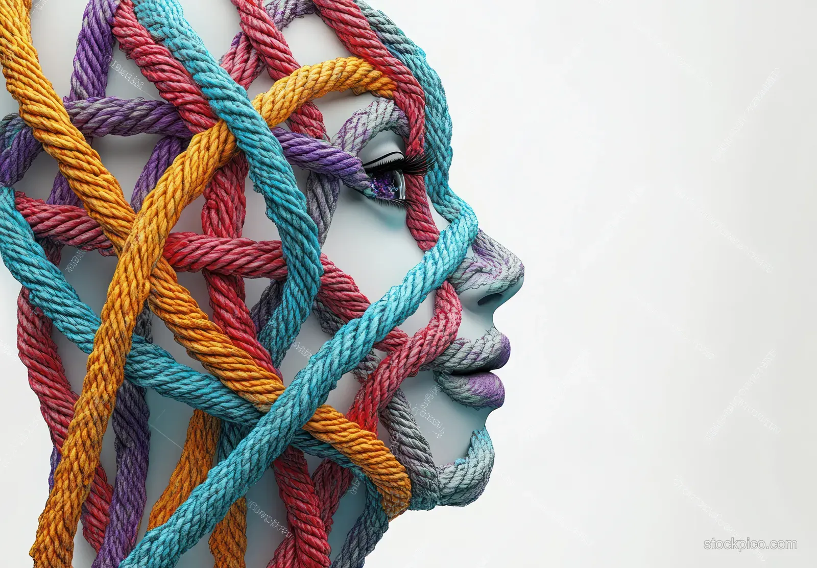 Side profile silhouette built from multicolored ropes and knots with soft shadows on a light background.