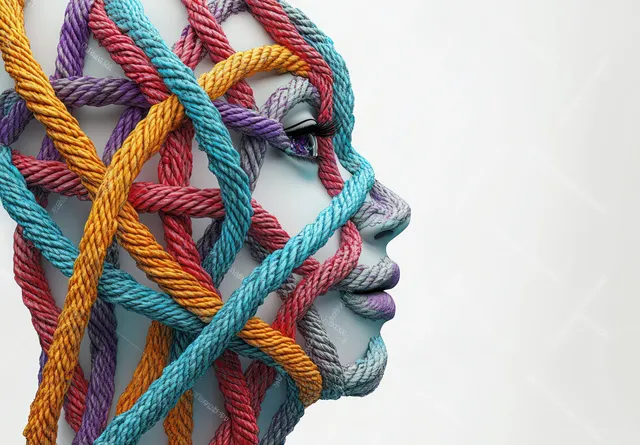 Side profile silhouette built from multicolored ropes and knots with soft shadows on a light background.