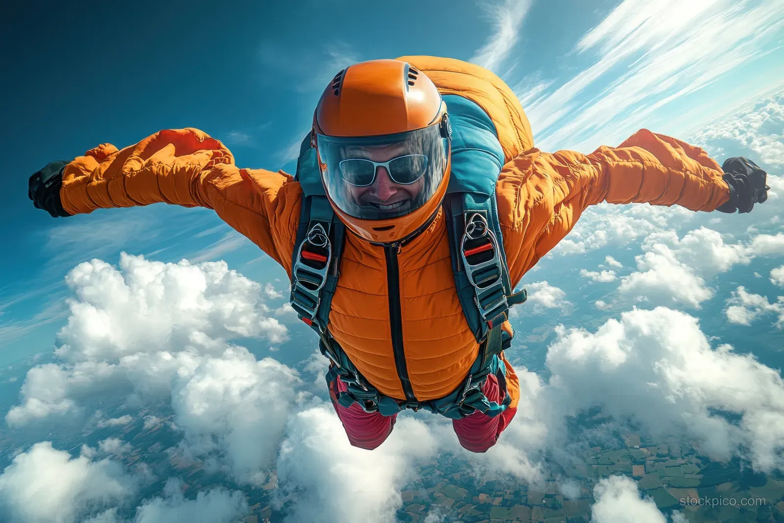 A smiling senior skydiver in an orange jumpsuit freefalls above fluffy clouds in bright daylight.