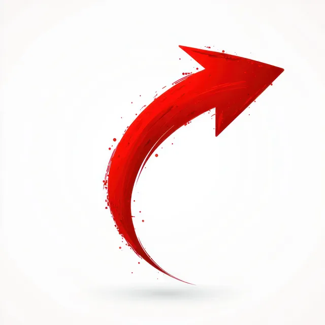 Red upward curved arrow with paint splatter on white background symbolizing growth progress
