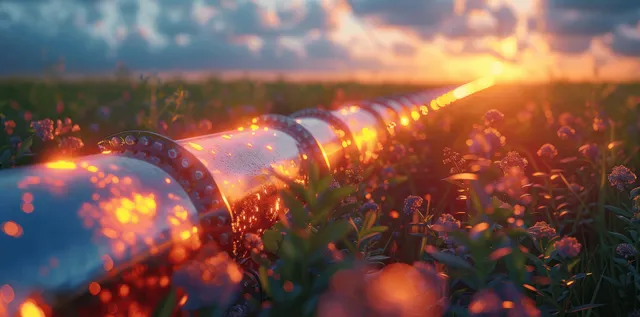 A hydrogen pipeline with glowing valves and a gauge runs through grassy land beside wind turbines at sunset.
