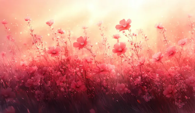 Pink wildflower field blooming in spring sunlight with dreamy soft-focus haze