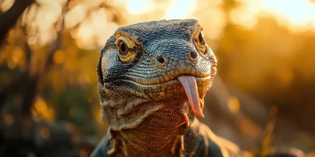 Close-up lizard portrait with textured scales and forked tongue extended in golden hour