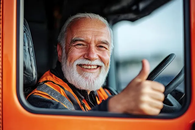 Smiling elderly man in orange safety vest gives thumbs up from inside an orange vehicle through the window.