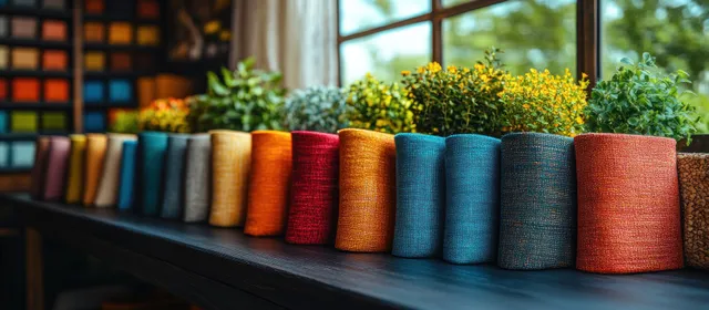 Colorful spools of fabric are lined up on a shelf beside a window with daylight and blurred greenery.