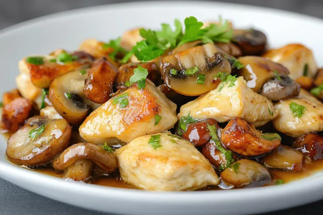Sautéed chicken and mushrooms in creamy sauce garnished with fresh herbs on a white plate