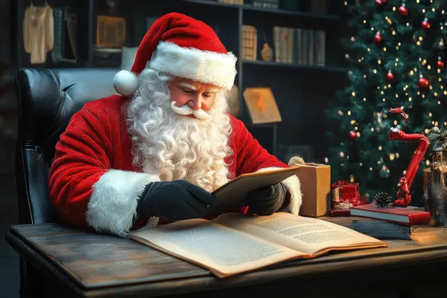 Santa Claus working at a desk in a cozy office with Christmas decorations and glow