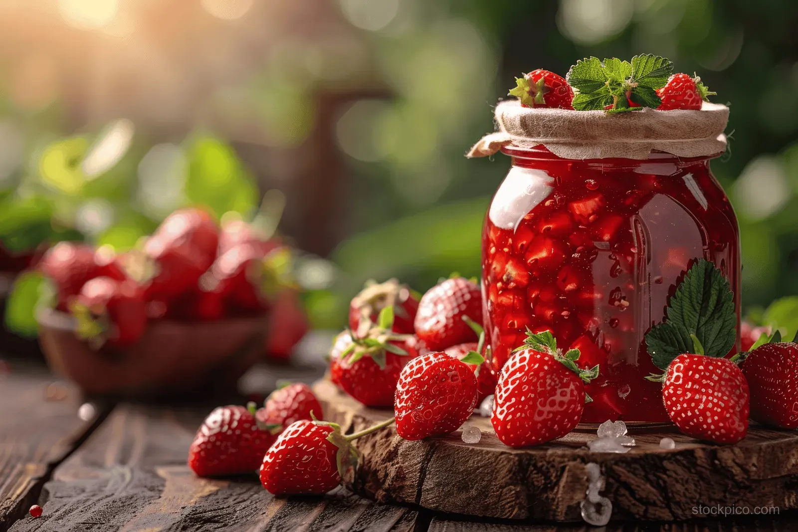 A glass jar of strawberry jam on a wooden table with fresh strawberries around it in warm sunlight.