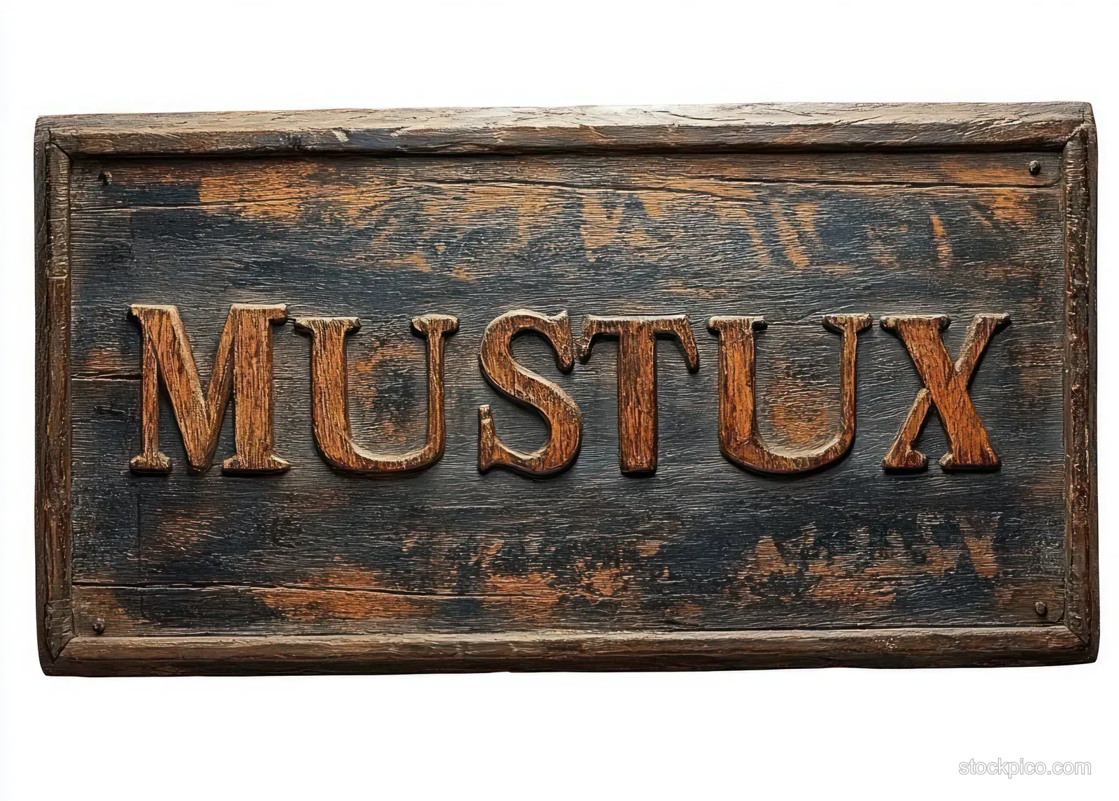 A rustic wooden sign shows weathered brown “MUSTUX” letters on a dark aged wood plank background.