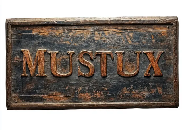 Rustic wooden sign with weathered “MUSTUX” lettering on a dark aged plank
